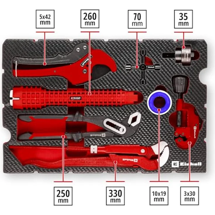 Einhell Pad Sanitärinstallation 8-tlg. Klempner-Set mit Rohrschneider, Beckenschlüssel, Zangen, Blechstanze, Schaltschrankschlüssel und Isolierband im E-Case-System – Bild 3