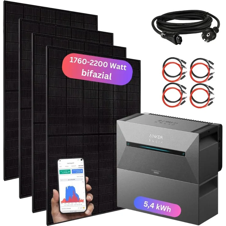 MYVOLTAICS Balkonkraftwerk 1760+ Watt, mit Anker Solarbank 3 Pro und Zusatzakku (5,4 kWh), steckerfertig, Unterkonstruktion für Dachziegel