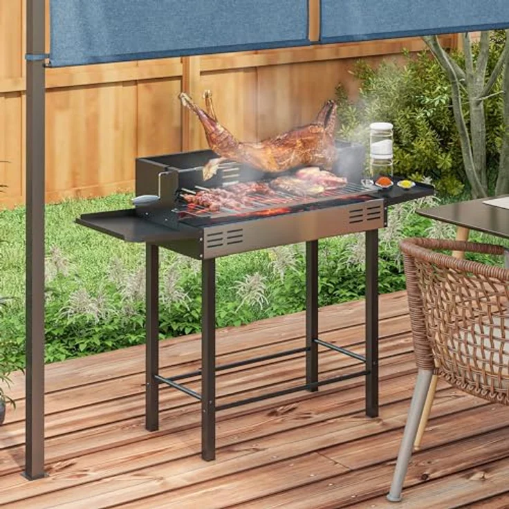 Outsunny Holzkohlegrill Campinggrill mit Grillrost und Rotisserie-Kit klappbar faltbar Camping Garten BBQ Rostfreier Stahl+Metall Schwarz 118 x 32 x 90 cm – Bild 2
