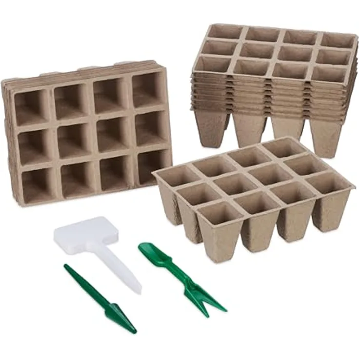 relaxdays Anzuchttopf Anzuchttöpfe 192er Set aus biologisch abbaubarem Papier, braun, mit Zubehör (Schildchen, Pikierstab, Pikiergabel)