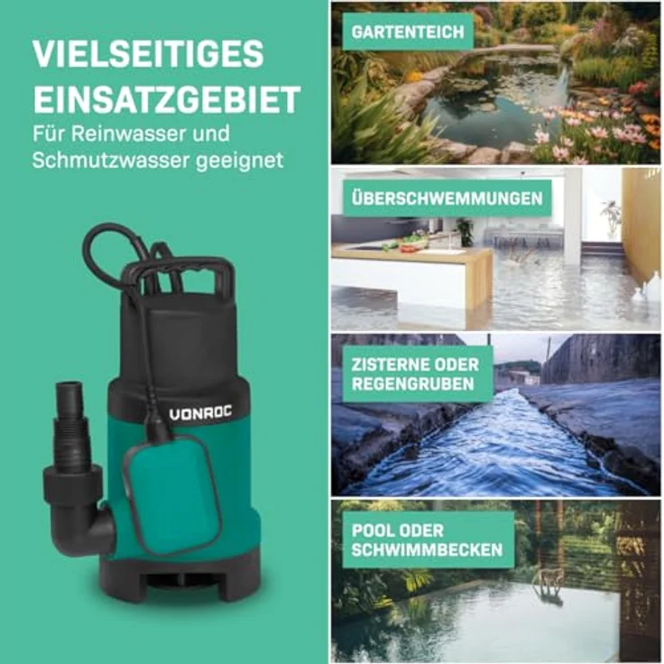 VONROC Tauchpumpe Schmutzwasserpumpe 750W, Gartenpumpe mit Schwimmer, fördert bis zu 1400l/h, Eintauchtiefe 7m, IPX8 wasserdicht – Bild 4