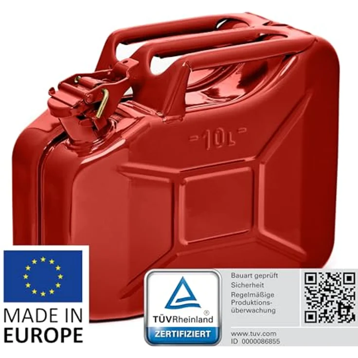BW® Kraftstoffkanister Metall Benzinkanister 10 Liter - Rot - TÜV-geprüft, UN-Zulassung - Made in Europe, pulverbeschichtet, große Ausgießer – Bild 2