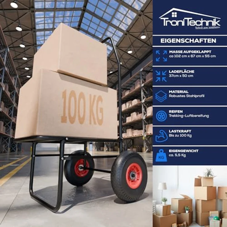 TroniTechnik Sackkarre Anglerkarre, klappbar mit Luftbereifung, rutschfester Transportfläche, Tragkraft 100 kg, wetterfest und geländetauglich, LxBxH 67x55x102 cm – Bild 2