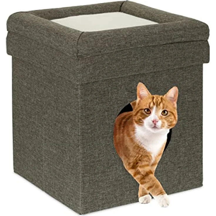 Relaxdays Katzenhöhle Indoor, Rückzugsort für Katzen & kleine Hunde, Tierversteck 2 Etagen, HxBxT: 44 x 38 x 38 cm, grau – Bild 1