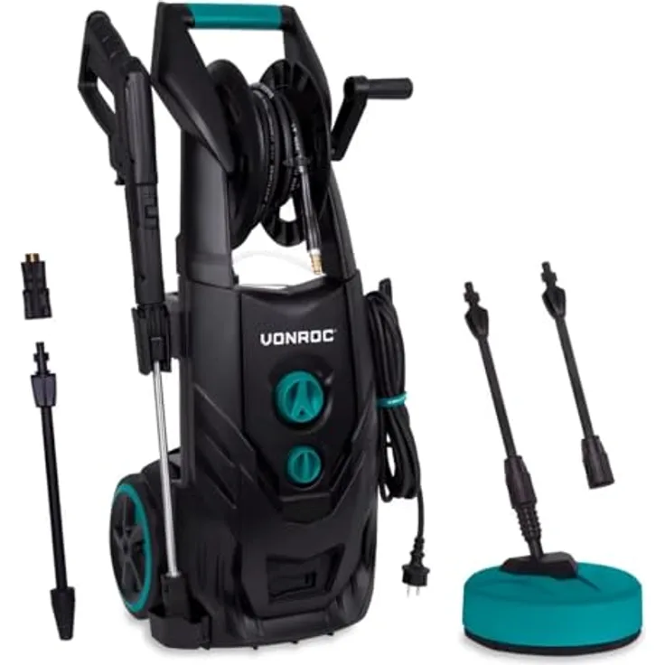 VONROC Profi Hochdruckreiniger PW509AC, 195 bar, 2500 W, mit 8 m Schlauch und integrierter Schlauchtrommel, Fassaden- und Dampfreiniger