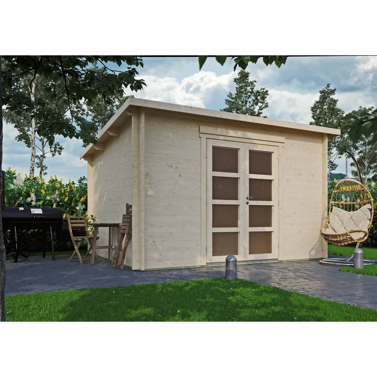 Fjordholz Gartenhaus Max 44 G, 44mm massive Wandbohlen aus nordischer Fichte, extra hohe Doppeltür mit Isolierglas und 6 Türvarianten wählbar