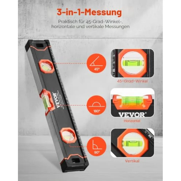 VEVOR 4-teiliges Torpedo-Wasserwaagen-Set, 120/60/40/25cm Kastenwasserwaagen-Set, hochpräzise 3-in-1 Messung, inkl. magnetischer 10 Zoll Wasserwaage, Aluminiumlegierung mit Aufbewahrungstasche – Bild 5