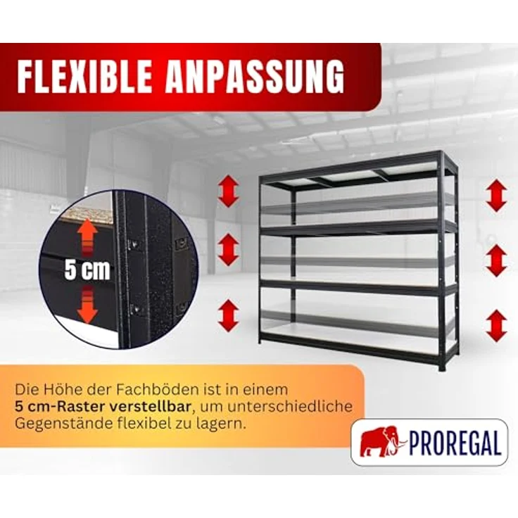 Proregal Schwerlastregal DINO, 180 x 200 x 60 cm, Traglast 500 kg pro Boden, 4 verstellbare Fachböden, Schwarz – Bild 4