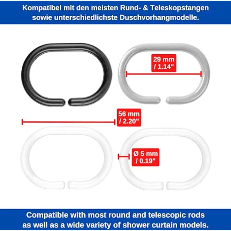 Your Day Mate GmbH Duschvorhang Ringe klar, 24 Pack, Transparent, 4.6 x 2.9 cm Innendurchmesser für Duschvorhangstangen, Duschringe, aus stabilem Kunststoff, Ringe für Duschvorhang, glasklar Duschvorhangringe, Haken – Bild 5