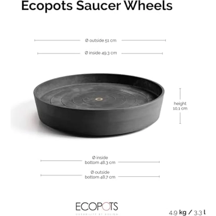Ecopots Amsterdam Blumentopf-Untersetzer mit Rollen, Ø 51 cm, dunkelgrau, mit integriertem Kupferring zur Mückenprävention – Bild 7