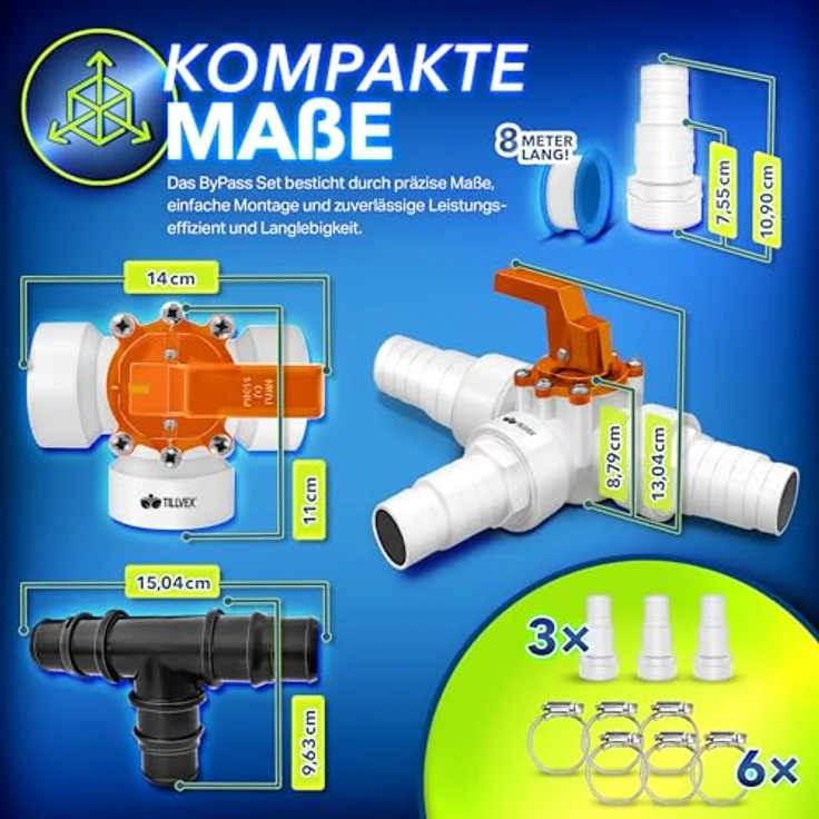 tillvex Bypass Set Pool 12-TLG, Ø32 & 38 mm Anschluss, 3-Wege-Ventil, ABS-Adapter, rostfreie Schlauchschellen, ideale Lösung für Solarheizung und Wärmepumpe – Bild 8