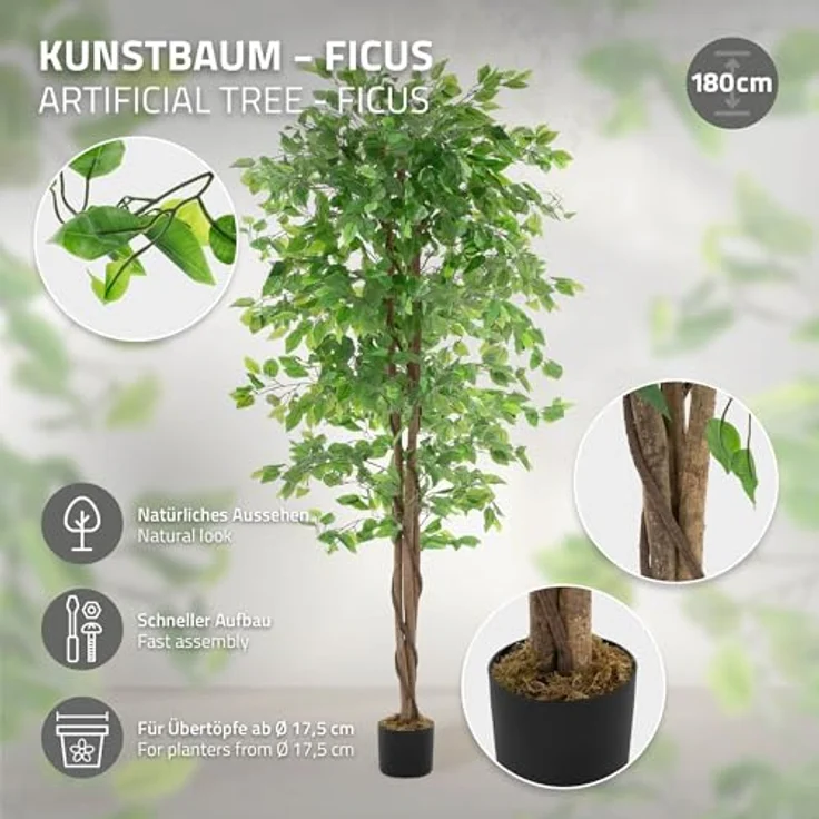 ML DESIGN Kunstpflanze Ficus 180 cm, Künstliche Pflanze mit Naturholzstamm im schwarzen Topf, Pflegeleichter Kunstbaum für Innen/Außen, Deko für Wohnzimmer & Büro: Tests, Infos & Preisvergleich