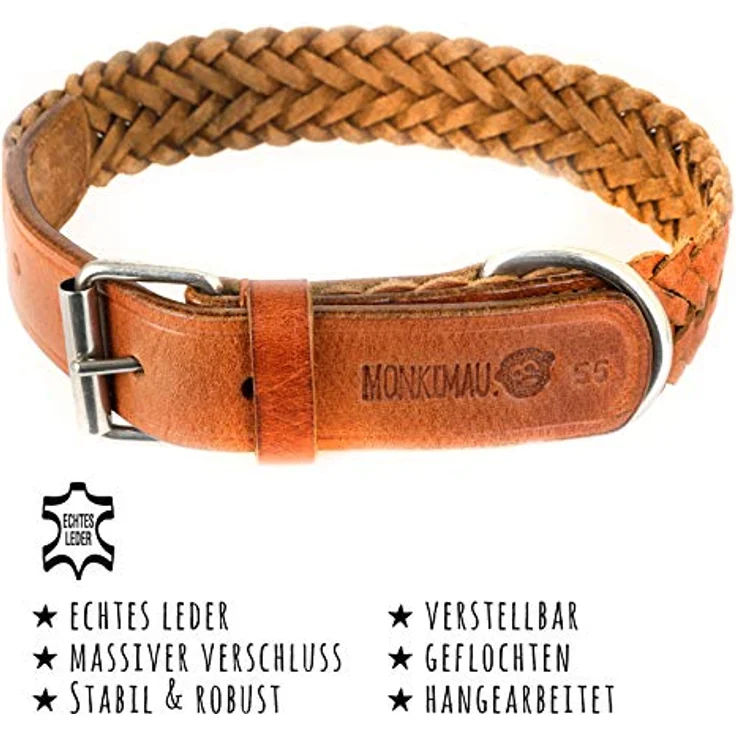 Monkimau Halsband für Hunde aus echt Leder geflochten verstellbar (S 27-33cm (20mm)) – Bild 2