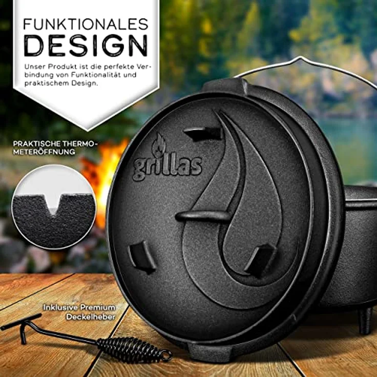 grillas Dutch Oven Set 4,2 Liter - Topf mit Füße Deckelheber BBQ Gusseisen Feuertopf Gusstopf Schmortopf – Bild 5