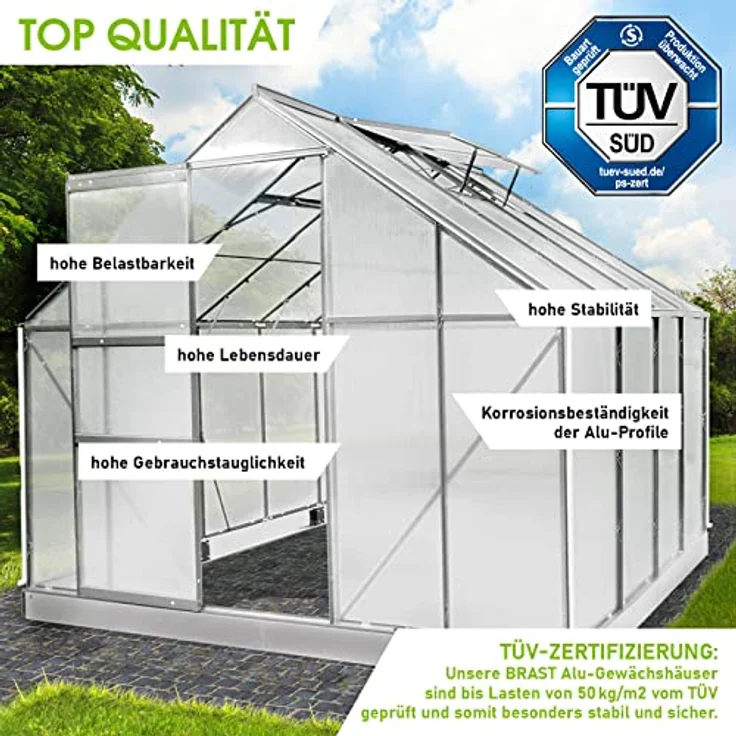 BRAST Gewächshaus Aluminium mit Fundament, 250x250x205cm, TÜV geprüft, 6mm Hohlkammerplatten, rostfrei, wetterfest, temperaturbeständig, Silber – Bild 3