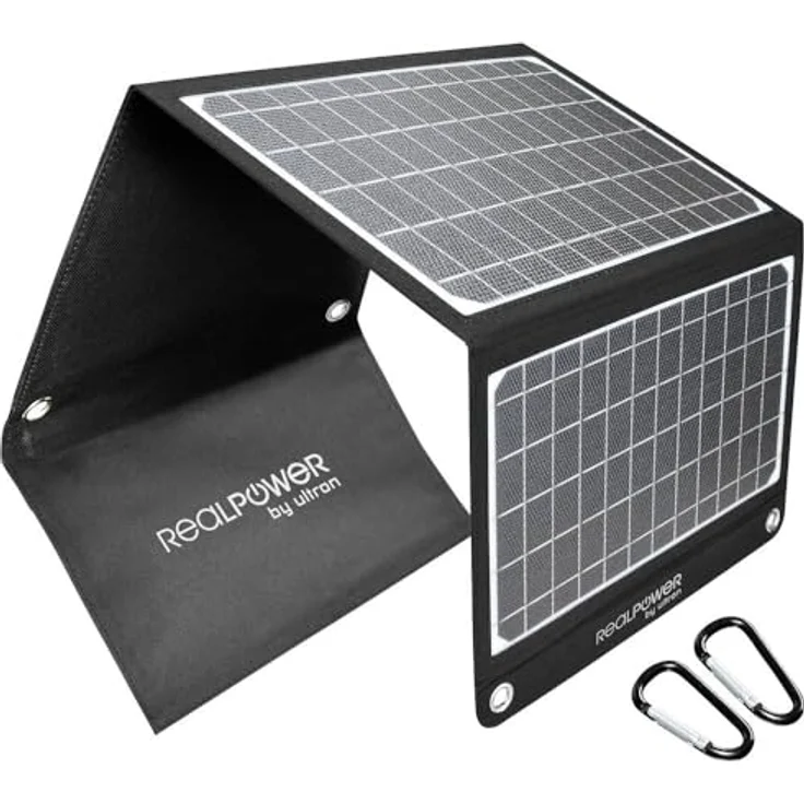 RealPower SP-22E, Mobiles Solarpanel mit 22,5 W, USB-A und USB-C Ports, IPX5 Spritzwasserschutz, 0.81 kg – Bild 1