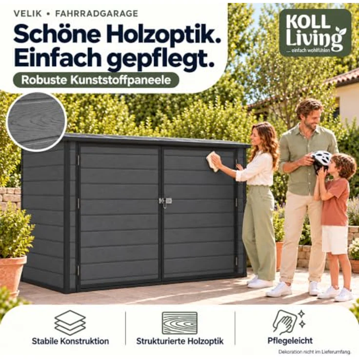 Koll Living Fahrradgarage Velik, 211 x 102 x 150 cm, 3,1 m³, grau, Doppeltür, Pultdach, UV- & witterungsbeständig, platzsparend – Bild 6