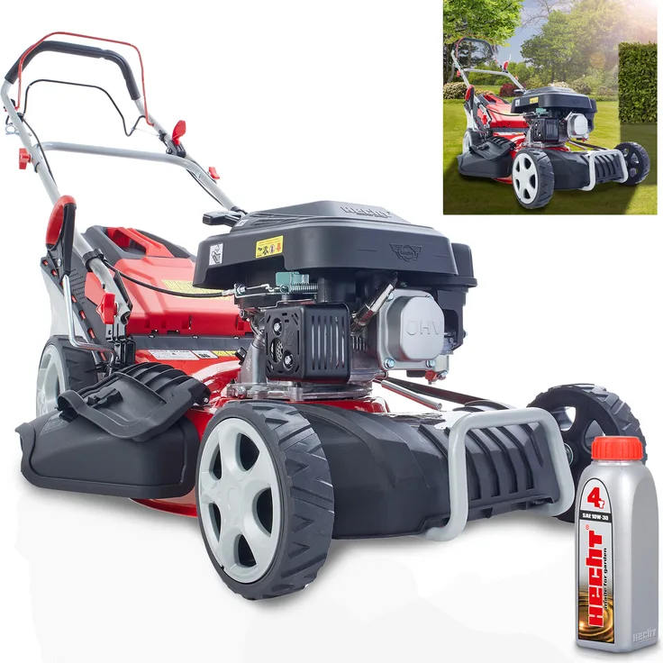 HECHT 547 SXW Rasenmäher Benzin mit Antrieb 5in1 46 cm Schnittbreite 5,5PS Mulchkit 55L Fangkorb, Stahlgehäuse, 3,7 PS Eco Motor, Radantrieb