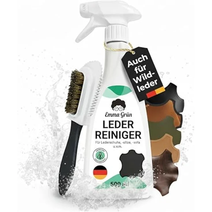 Emma Grün Lederreiniger Set, 500 ml für Wild-, Rau- & Nubukleder mit Wildlederbürste zur effektiven Fleckenentfernung und Geruchsbeseitigung – Bild 1