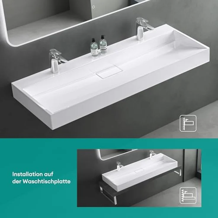 Mai & Mai Aufsatzwaschbecken Col19 Hängewaschtisch inkl. Ablaufgarnitur 2 Armaturenlöcher, Mineralguss, rechteckige Form, weiß – Bild 4