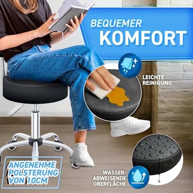 TRESKO Rollhocker Schwarz mit Lehne Arbeitshocker Hocker Drehhocker Kosmetikhocker Praxishocker – Bild 4