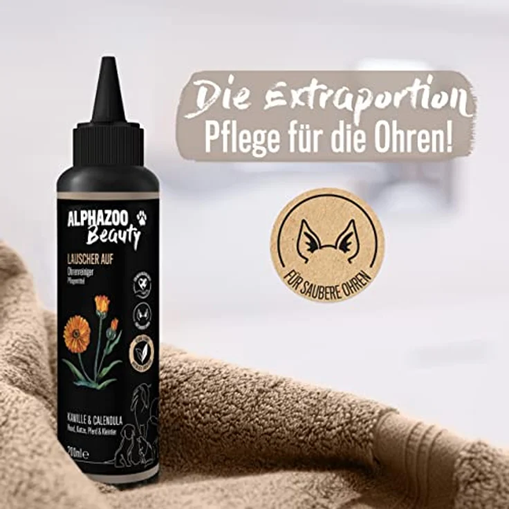 alphazoo Ohrenreiniger Hund, Katze & Pferd 200 ml I Kamille Calendula I Milder Ohrenschmalz Entferner I Ohr Reiniger zur Ohrenpflege oder Ohrenspülung – Bild 5