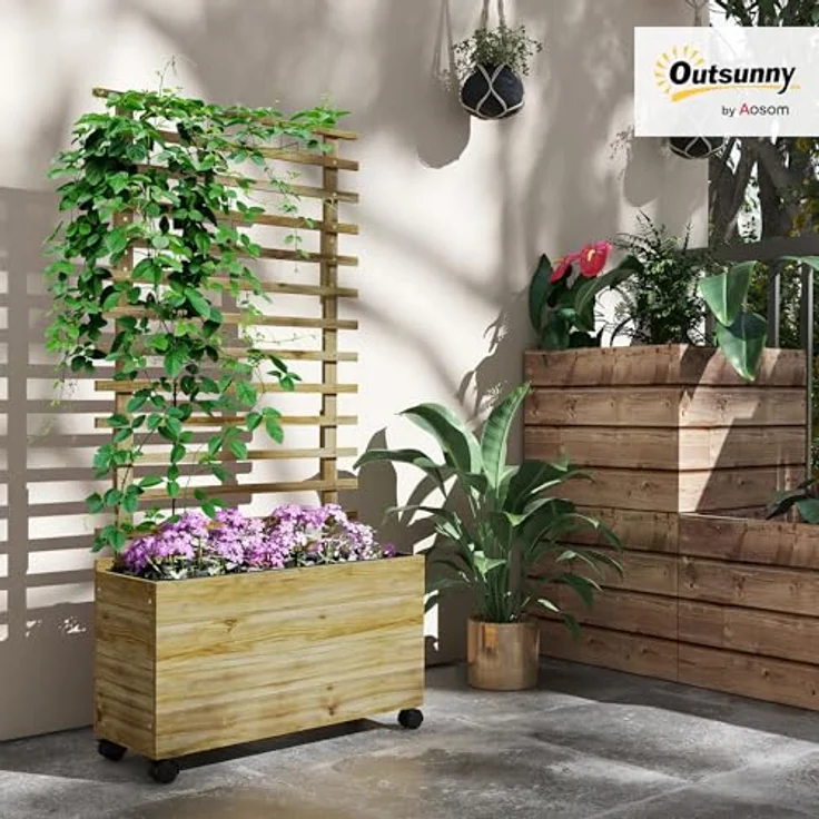 Outsunny Hochbeet Pflanzkasten mit Rankgitter, 76x30x155cm, Holz, mobil mit 4 Rollen, ideal für Kletterpflanzen und Blumen – Bild 2