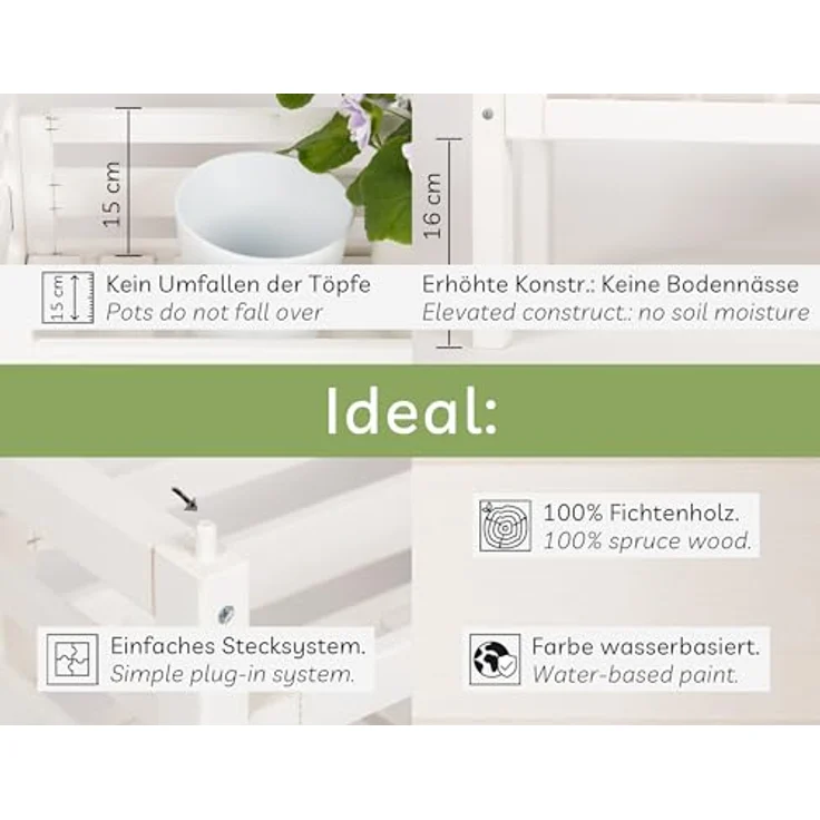 needs&wants® Blumenständer Pflanzenständer Blumentreppe Pflanzenregal Pflanztreppe, 3-fach stapelbar, Weiß holzfarben – Bild 4