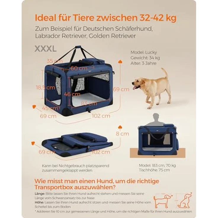 Feandrea Hundebox faltbar, Transportbox Hund, XXXL, Oxford-Gewebe, atmungsaktiv, dunkelblau – Bild 3