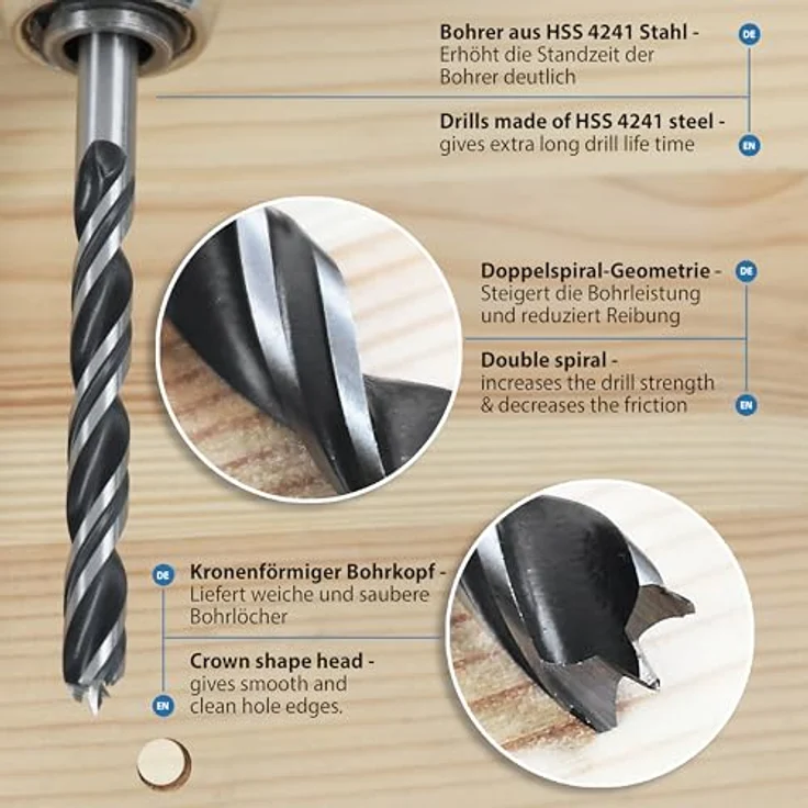 S&R Holzbohrer-Set, 8-tlg. Spiralbohrer-Satz (3-10mm) für Weichholz, Sperrholz, Gipskarton, MDF & Hartholz – mit Zentrierspitze und Förderspirale – Bild 3