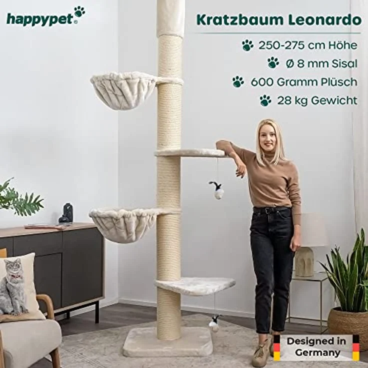 HAPPYPET Kratzbaum 'Leonardo' Grosse Katzen Stabil XXL Deckenhoch, 250 bis 275 cm - 18 cm Dicke Stämme, Große Liegemulden bis 20 kg, Höhle, geprüftes Holz, Katzenkratzbaum für Maine Coons & Ragdolls – Bild 2