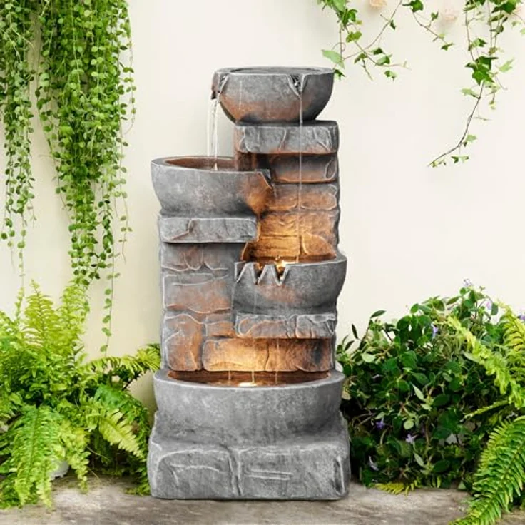 Teamson Home Gartenbrunnen Cascading Bowls, dreistufiges Wasserspiel mit LED-Leuchten, naturgetreue Steinoptik, 39,4 cm L x 38,7 cm B x 84,5 cm H – Bild 2