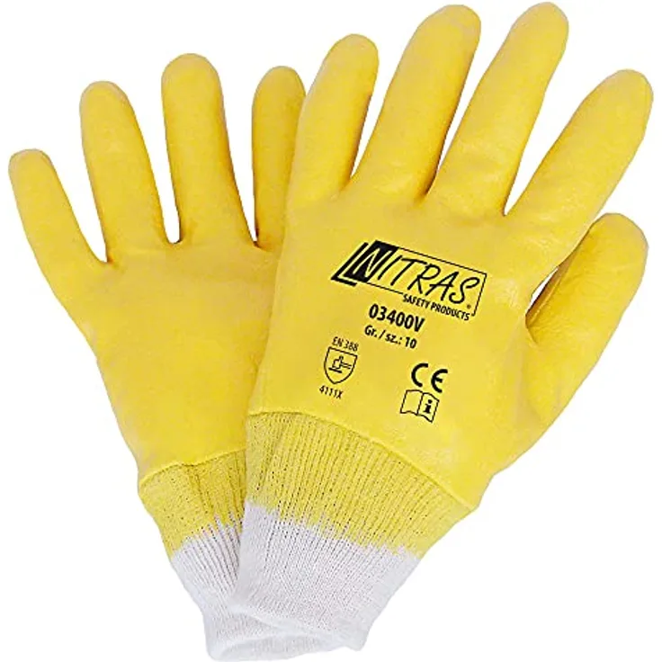 NITRAS Nitrilhandschuhe Größe 10, gelbe Arbeitshandschuhe, 12 Paar, Baumwolljersey mit Nitrilbeschichtung