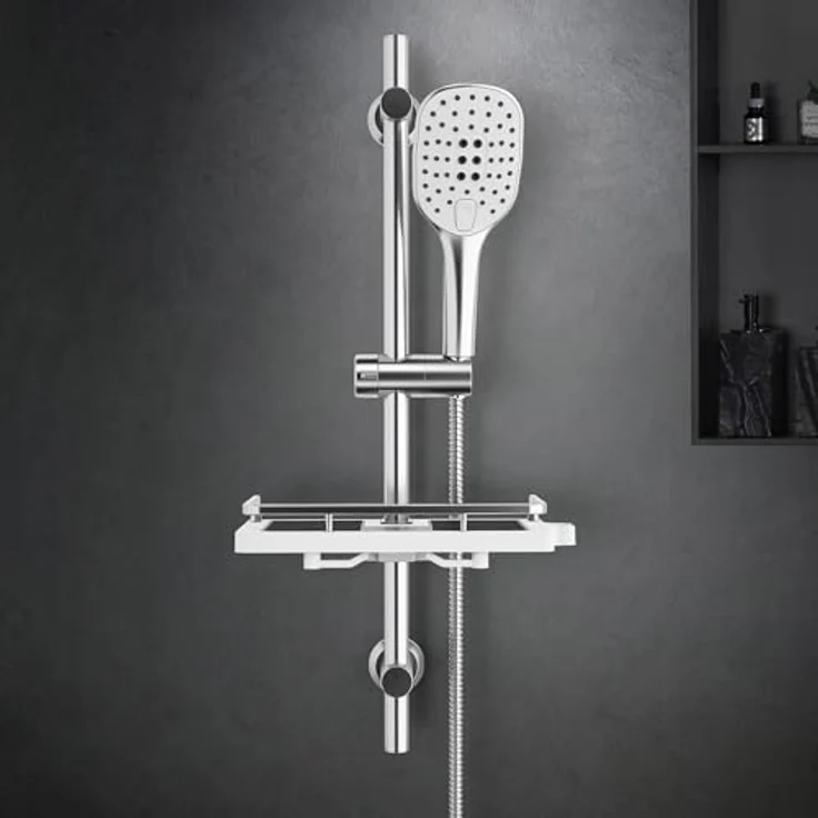 Görbach Edelstahl Duschstange mit Brause, Brausestangeset 70 cm, glänzend in Chrom, mit 3 Strahlarten und XXL Duschablage – Bild 2