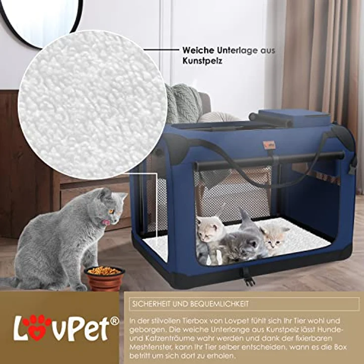 Lovpet® Hundebox Hundetransportbox faltbar Inkl.Hundenapf XXXL 102x69x69cm Transporttasche Hundetasche Transportbox für Haustiere, Hunde und Katzen Haustiertransportbox Navyblau – Bild 4