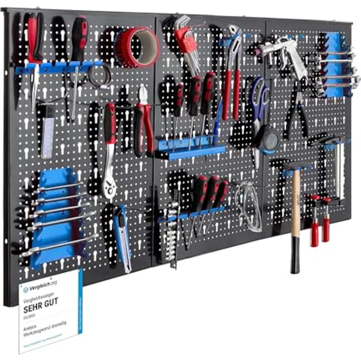 Arebos Werkzeugwand 3-teilige Lochwand Werkstatt, 17-teiliges Hakenset & Halterungen, modulare Montage, 117,6 x 59,5 x 2 cm, Metall, Blau