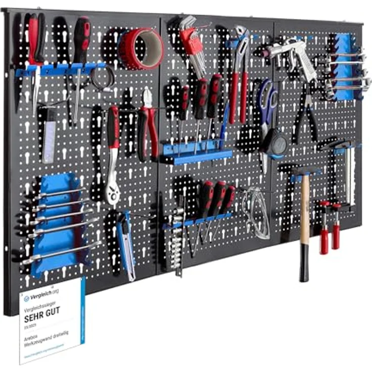 Arebos Werkzeugwand 3-teilige Lochwand Werkstatt, 17-teiliges Hakenset & Halterungen, modulare Montage, 117,6 x 59,5 x 2 cm, Metall, Blau – Bild 1