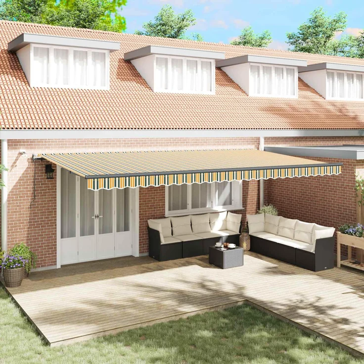 Prolenta Maison Exclusive - Ausziehbare Markise Grün und Gelb, 600 x 300 cm, Polyester mit Fernbedienung und LED-Beleuchtung