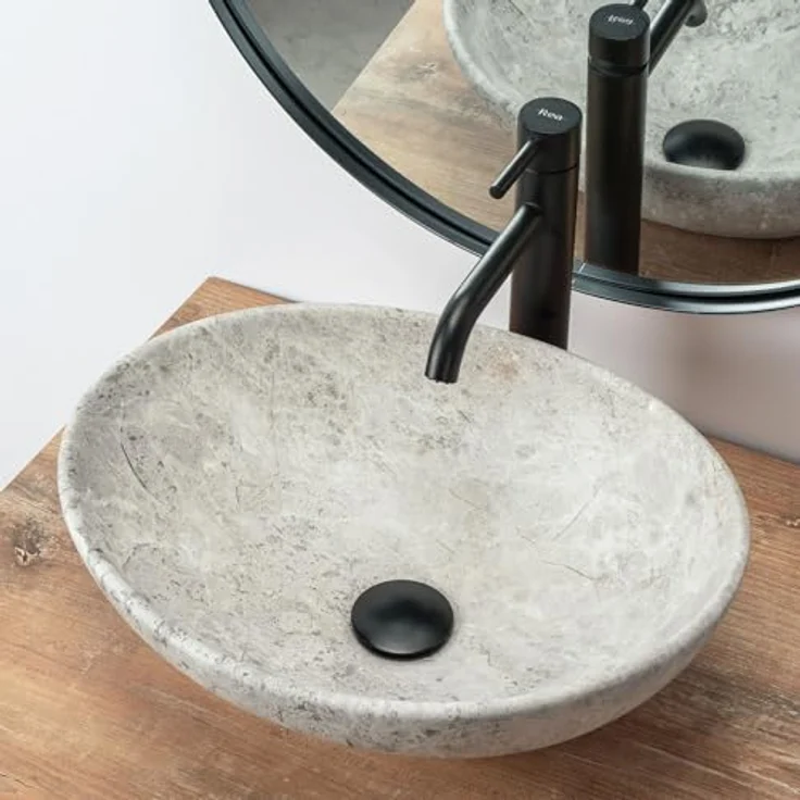 Rea Aufsatzwaschbecken Keramik Oval 35x40 cm, Schwarz Marmor, ohne Überlauföffnung – Bild 4