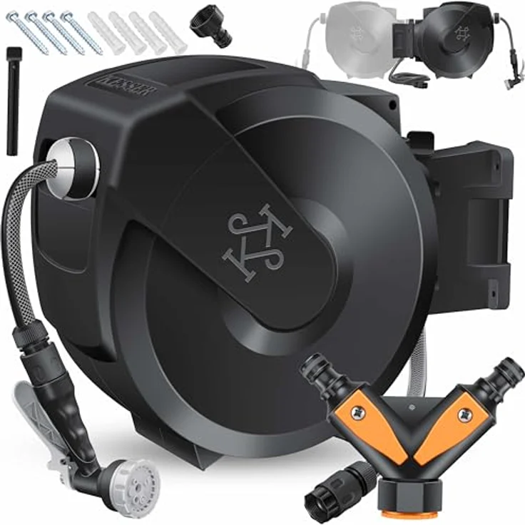 KESSER® Schlauchtrommel 20m mit Wandhalterung, 180° schwenkbar, automatische Aufrollung & 7-Funktionen Handbrause – Bild 1