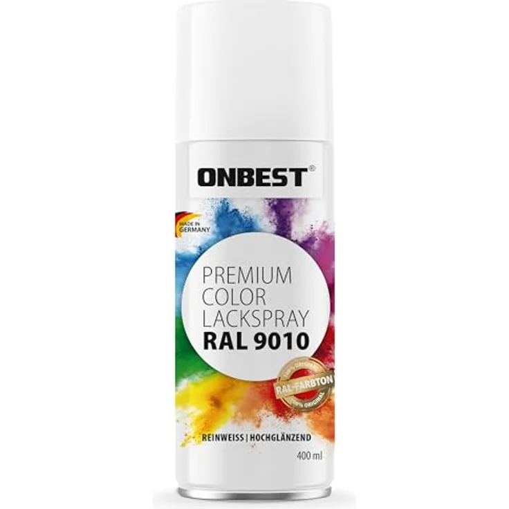 Onbest PREMIUM Lackspray, 400 ml, hohe Pigmentierung, witterungsbeständig, Verkehrsweiß Glanz (RAL 9016)