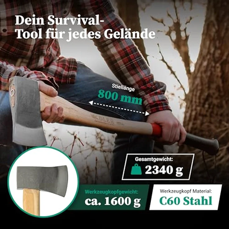 Adler Yankeeaxt inkl. Lederschutz: Geschmiedete Forst- & Spaltaxt, C60-Stahlkopf, 80 cm Hickory-Stiel, Rot/schwarz, 1,6 kg – Bild 2