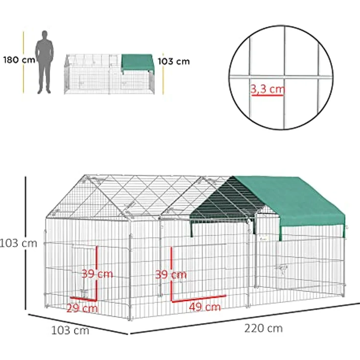 PawHut Freigehege, Kleintiergehege, Meerschweinchen Gehege, Laufgitter mit Abdeckung, Außengehege, Kleintiergehege für Kleintiere, Stahl, 220 x 103 x 103 cm, Grün – Bild 3