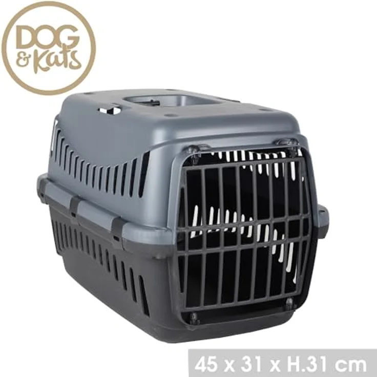 DOGI Hunde-Transportbox Hunde Katzen Box Haustier-Tragbox, Schwarz-Dunkelgrau, mit Gitterklappe/Tür vorne, mit Luftlöchern – Bild 2
