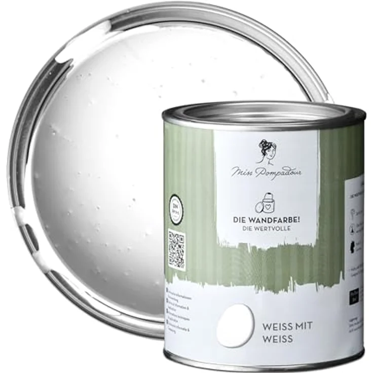 MissPompadour Wandfarbe Weiß mit Weiß, matte Innenfarbe mit hoher Deckkraft, geruchsneutral, wasserbasiert, 1 L – Bild 1