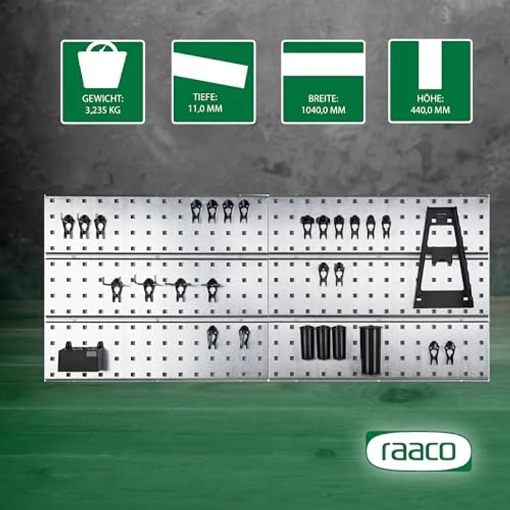 Raaco 2 TWP Set, verzinkte Werkzeugwand mit 28 SuperClips, 104 x 88 cm, 150 kg Tragfähigkeit, erweiterbares Ordnungssystem für Werkstatt, Garage & Hobbyraum – Bild 3