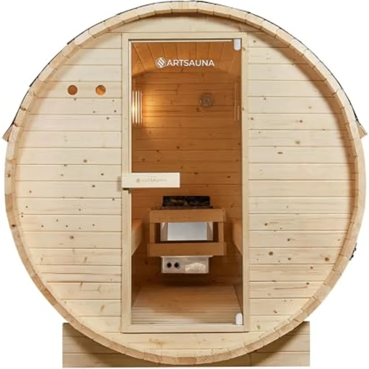Artsauna Fasssauna Spitzbergen 220, 6 Personen, Fichtenholz, 8 kW Elektro-Ofen, Komplett-Set, Naturfarben – Bild 6