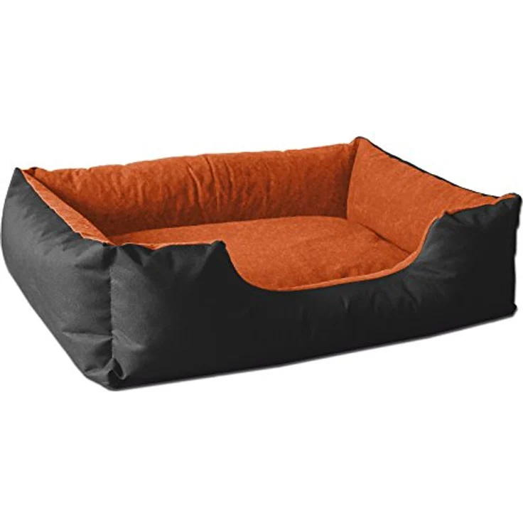 BedDog® Hundebett LUPI, Hundesofa aus Cordura, Microfaser-Velours, waschbares Hundebett mit Rand, Hundekissen Vier-eckig, für drinnen, draußen, L, ORANGE-Garden, schwarz-orange – Bild 1