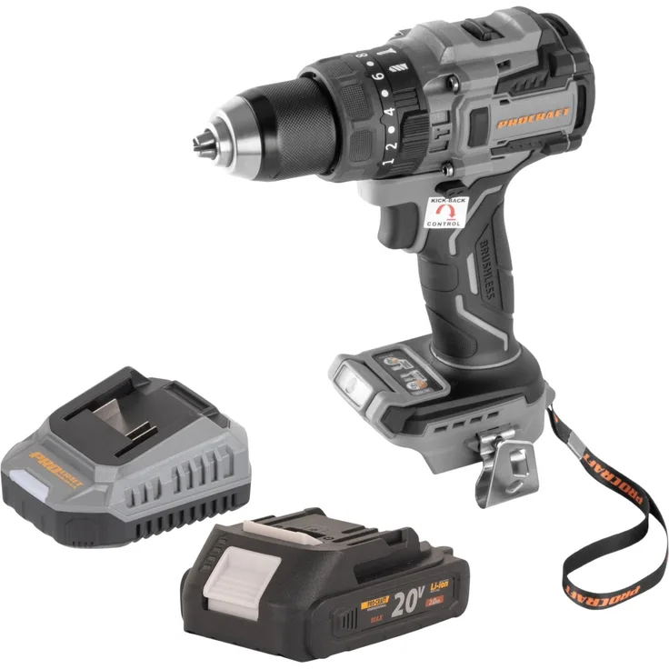 Procraft Industrial CD20B-BB Akku Bohrschrauber, 20 V, 150 Nm, Brushless, inkl. 2,0 Ah Akku und Ladegerät