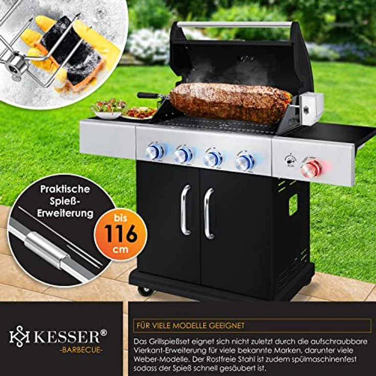 KESSER Edelstahl Grillspieß Set 107cm passend für Weber Spirit Gasgrill mit 4X Fleischnadeln BBQ Fleischklammer, Griffstück und Motor Rotisserie Elektrischer Drehspieß 220V - 240V Silber – Bild 6